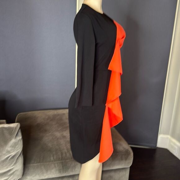 Women’s Black & Orange Asymmetrical Ruffle Midi Dress 3/4 Sleeve Zip Back Size M - Picture 3 of 14